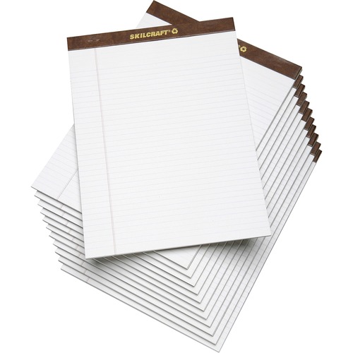 SKILCRAFT Writing Pad - 50 Sheets - Letter - 8 1/2" x 11" - White Paper - Perforated, Back Board, Leatherette Head Strip - Recycled - 1 Dozen