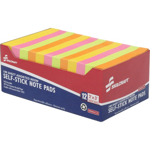 SKILCRAFT Self-Stick Neon Note Pad - Self-adhesive - 2" x 3" - Lemon, Lime, Pink - Paper - 12 / Pack