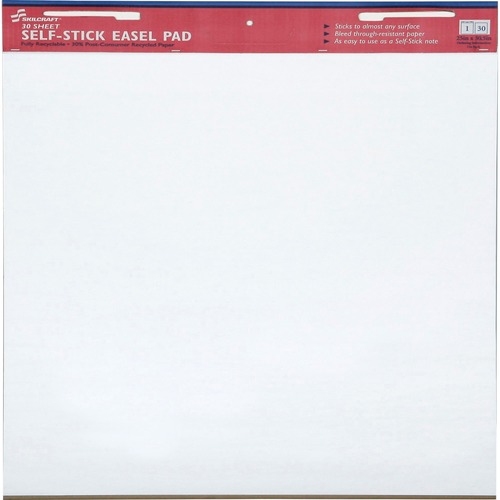 SKILCRAFT Self-Stick Easel Pad - 30 Sheets - Plain - 18.50 lb Basis Weight - 25" x 30" - White Paper - Self-adhesive, Lightweight, Repositionable, Removable - 2 / Pack