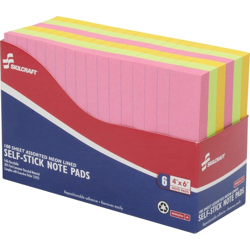 SKILCRAFT Self-Stick Neon Note Pad - Self-adhesive - 4" x 6" - Lemon, Lime, Melon, Pink - Paper - 6 / Pack - Front Ruling Type: Ruled