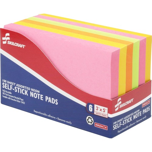SKILCRAFT Self-Stick Neon Note Pad - Self-adhesive - 3" x 5" - Lemon, Lime, Melon, Pink - Paper - 6 / Pack