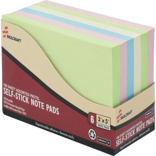 SKILCRAFT Self-Stick Pastel Note Pad - Self-adhesive - 3" x 5" - Blue, Pink, Yellow - Paper - 6 / Pack