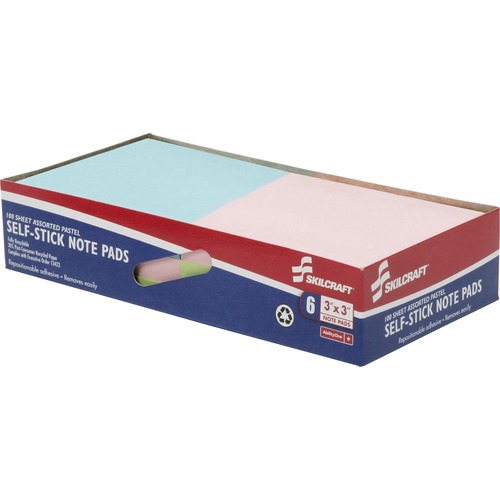 SKILCRAFT Self-Stick Pastel Note Pad - Self-adhesive - 3" x 3" - Blue, Green, Pink, Yellow - Paper - 6 / Pack