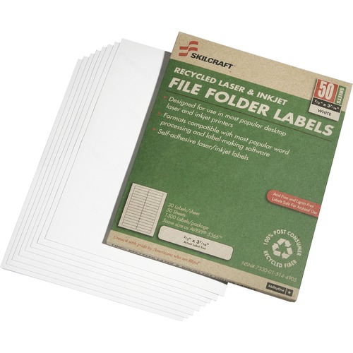 SKILCRAFT 1/3 Tab Laser Label - 2/3" x 3 7/16" Length - Rectangle - Laser, Inkjet - White - 30 / Sheet - 1500 / Box - Chlorine-free, Lignin-free