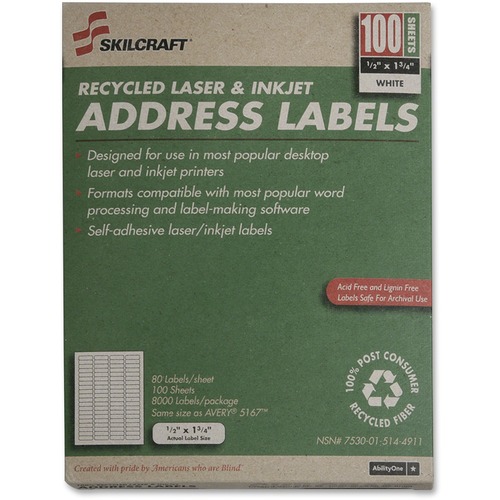 SKILCRAFT Address Label - 1.75" Width x 0.5" Length - 100 / Box - Rectangle - Laser, Inkjet - Bright White