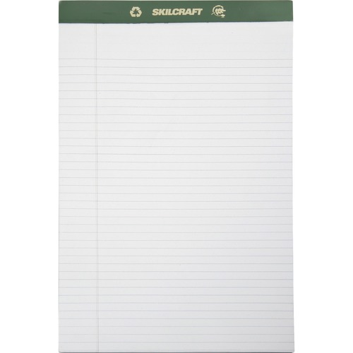SKILCRAFT Perforated Chlorine Free Writing Pad - 50 Sheets - Tape Bound - 0.31" Ruled - 20 lb Basis Weight - Legal - 8 1/2" x 14" - White Paper - Green Binder - Back Board, Perforated, Leatherette Head Strip, Chlorine-free - Recycled - 1 Dozen