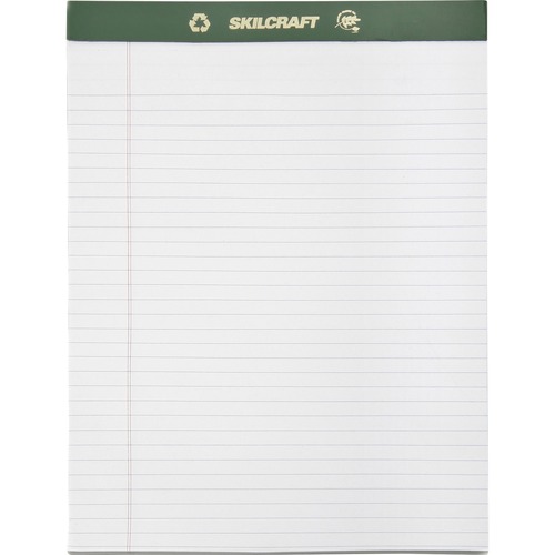SKILCRAFT Perforated Chlorine Free Writing Pad - 50 Sheets - Tape Bound - 0.31" Ruled - 20 lb Basis Weight - Letter - 8 1/2" x 11" - White Paper - Green Binder - Perforated, Back Board, Chlorine-free, Leatherette Head Strip - Recycled - 1 Dozen