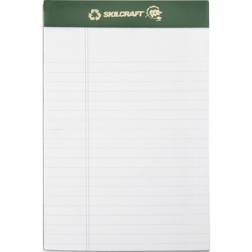 SKILCRAFT Perforated Chlorine Free Writing Pad - 50 Sheets - Tape Bound - 0.31" Ruled - 20 lb Basis Weight - 5" x 8" - White Paper - Green Binder - Perforated, Back Board, Chlorine-free, Leatherette Head Strip - Recycled - 1 Dozen
