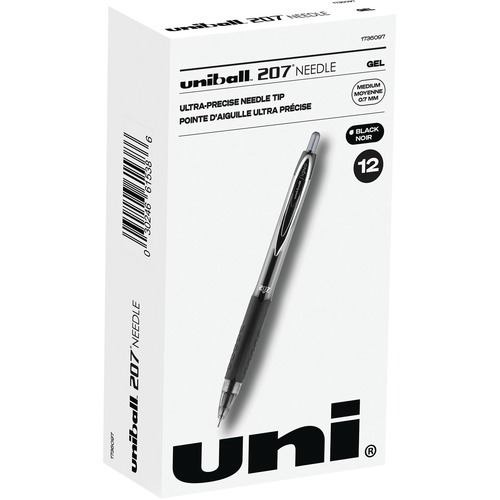 uni-ball 207 Retractable Gel Needle Point - Medium Pen Point - 0.7 mm Pen Point Size - Needle Pen Point Style - Retractable - Black - Black Barrel - Gel Ink Pens - UBC1736097