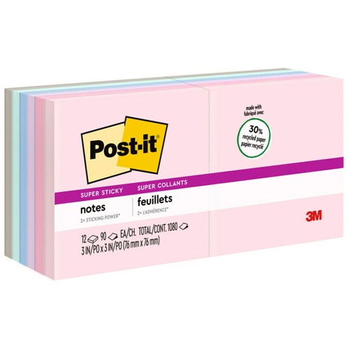 Post-it® Super Sticky Recycled Notes - Wanderlust Pastels Color Collection - 1080 - 3" x 3" - Square - 90 Sheets per Pad - Unruled - Pink Salt, Positively Pink, Orchid Frost, Fresh Mint, Pebble Gray - Paper - Self-adhesive - 12 / Pack - Recycled