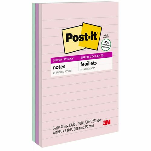 Post-it® Super Sticky Lined Recycled Notes - Wanderlust Pastels Color Collection - 270 - 4" x 6" - Rectangle - 90 Sheets per Pad - Ruled - Pink Salt, Orchid Frost, Fresh Mint - Paper - 3 / Pack - Recycled