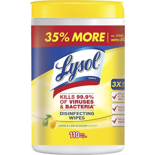 Lysol Lemon/Lime Blossom Wipes - Lemon, Lime Blossom - 8" x 7" - White - Perfumed, Bleach-free, Disinfectant, Anti-bacterial, Pre-moistened - For Multipurpose - 110 Per Canister - 6 / Carton