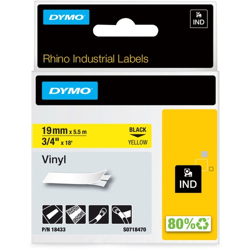 Dymo Colored Industrial Rhino Vinyl Labels - 3/4" Width - Rectangle - Black, Yellow - Vinyl - Water Resistant - Abrasion Resistant, Temperature Resistant, Chemical Resistant, Solvent Resistant, Self-adhesive, Durable - 1 Each