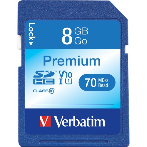 Verbatim 8GB Premium SDHC Memory Card, UHS-I Class 10 - Class 10 - 1 Card/1 Pack - 133x Memory Speed