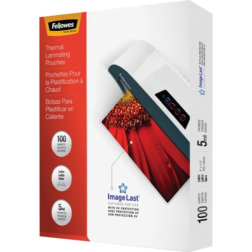 Fellowes Thermal Laminating Pouches - ImageLast™, Jam Free, Letter, 5 mil, 100 pack - Sheet Size Supported: Letter - Laminating Pouch/Sheet Size: 9" Width x 5 mil Thickness - Type G - Glossy - for Document, Letter - Durable, UV Resistant, Fade Resis