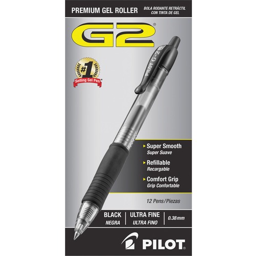 Pilot G2 Premium Gel Roller Retractable Pens - Ultra Fine Pen Point - 0.38 mm Pen Point Size - Refillable - Retractable - Black Gel-based Ink - Clear Barrel - 1 Dozen