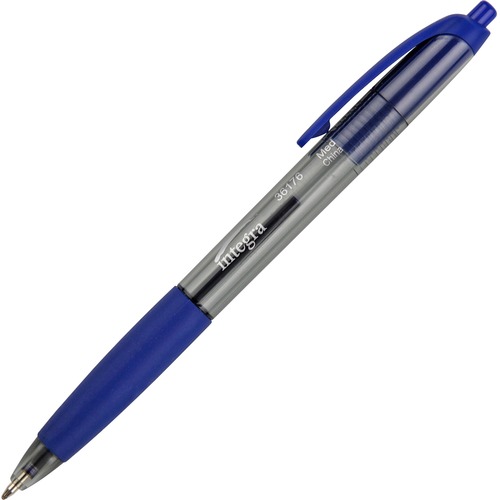 Integra Rubber Grip Retractable Pens - Medium Pen Point - 1 mm Pen Point Size - Retractable - Blue - Blue Barrel - 12 / Dozen - Ballpoint Retractable Pens - ITA36176