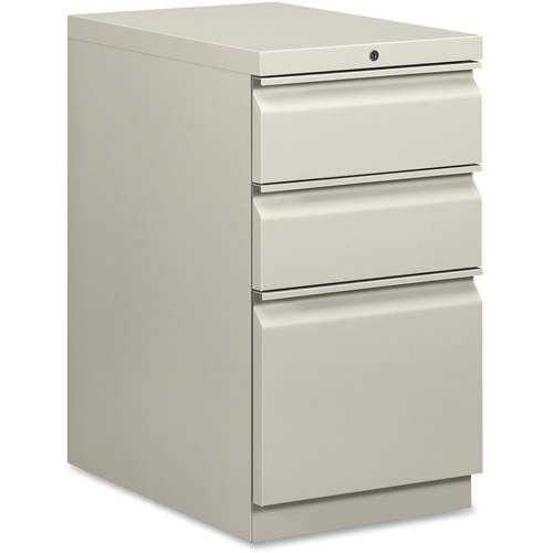 HON Brigade Mobile Pedestal, 22-7/8"D - 3-Drawer - 15" x 22.9" x 28" - 3 x Drawer(s) for Box, File - Letter - Security Lock, Ball-bearing Suspension - Light Gray - Recycled