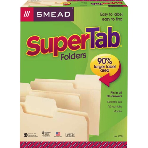 Smead SuperTab 1/3 Tab Cut Letter Recycled Top Tab File Folder - 8 1/2" x 11" - 3/4" Expansion - Top Tab Location - Assorted Position Tab Position - Manila - 10% Recycled - 100 / Box