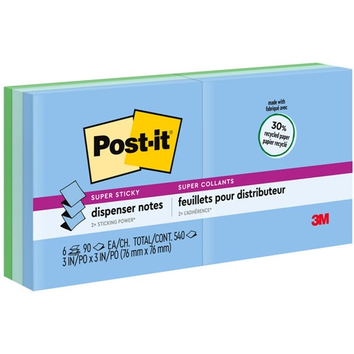 Post-it® Super Sticky Dispenser Notes - Oasis Color Collection - 540 - 3" x 3" - Square - 90 Sheets per Pad - Unruled - Aqua Wave, Neptune Blue, Orchid - Paper - Self-adhesive, Pop-up - 6 / Pack