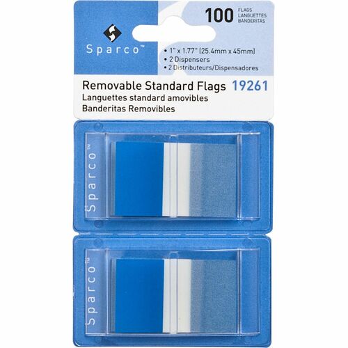 Sparco Removable Standard Flags in Dispenser - 100 x Blue - 1 3/4" x 1" - Rectangle - Blue - See-through, Self-adhesive, Removable - 100 / Pack