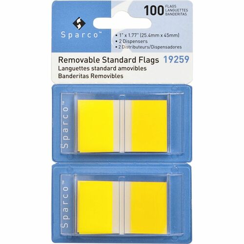 Sparco Removable Standard Flags in Dispenser - 100 x Yellow - 1.75" x 1" - Rectangle - Yellow - See-through, Self-adhesive, Removable - 100 / Pack - Flags - SPR19259