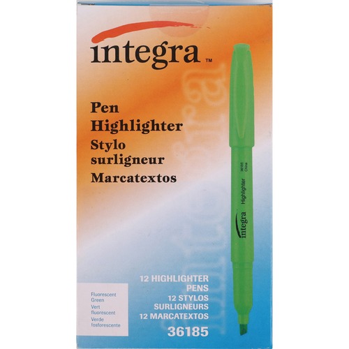 Integra Pen Style Fluorescent Highlighters - Chisel Marker Point Style - Green - 12 / Dozen - Pen-Style Highlighters - ITA36185