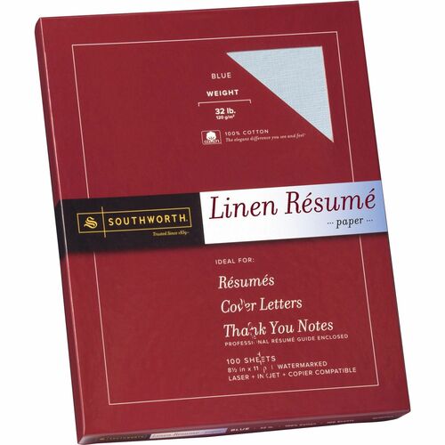 Southworth 100% Cotton Resume Paper - Letter - 8 1/2" x 11" - 32 lb Basis Weight - Linen - 100 / Box - Acid-free, Watermarked - Blue