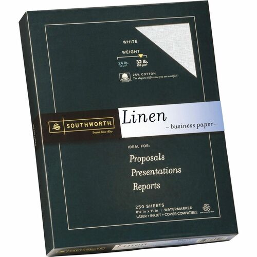 Southworth Linen Business Paper - Letter - 8 1/2" x 11" - 32 lb Basis Weight - Linen, Textured - 250 / Box - Acid-free, Watermarked, Date-coded - White