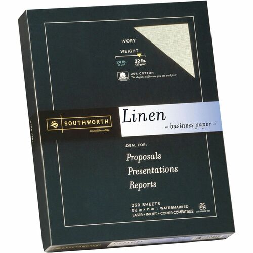Southworth Linen Business Paper - 9 1/2" x 4 1/8" - 32 lb Basis Weight - Linen, Textured - 250 / Box - Acid-free, Watermarked, Date-coded - Ivory