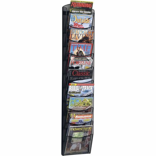 Safco 10-pocket Onyx Mesh Literature Rack - 10 Pocket(s) - 50.8" Height x 10.3" Width x 3.5" Depth - Wall Mountable - Powder Coated - Black - Steel - 1 Each