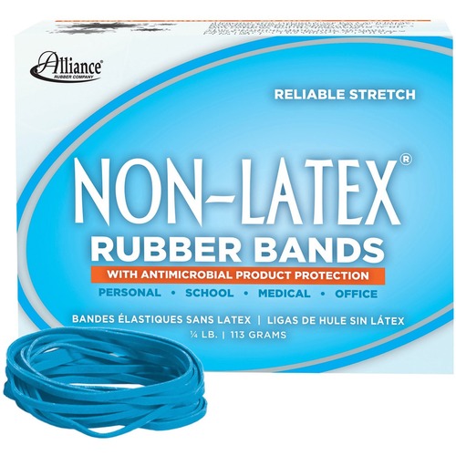 Non-Latex Rubber Bands with Antimicrobial Product Protection - Size: #333.50" (88.90 mm) Width - 0.13" (3.30 mm) Thickness - 0.25 lb/in - Latex-free, Antimicrobial, Stretchable - 1 / Box - Synthetic Rubber - Cyan Blue
