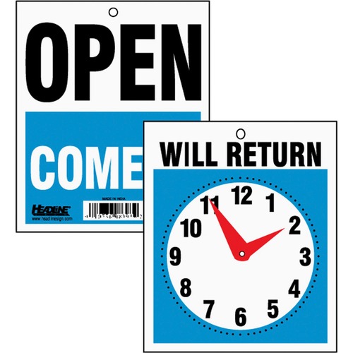 HeadLine Will Return Clock Hands Signs - 1 Each - Open, Come In, Will Return Print/Message - 7.50" (190.50 mm) Width x 9" (228.60 mm) Height - Black, White Print/Message Color - Both Sides Display, Customizable Time - Plastic - Blue, Red - Sign & Message Boards - USS9382