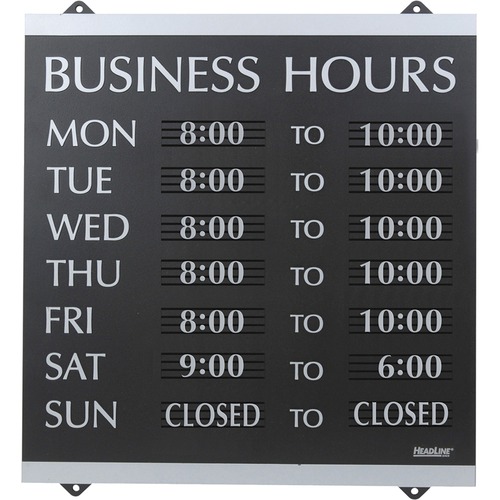 HeadLine Century Business Hours Sign - 1 Each - Business Hour Print/Message - 13" (330.20 mm) Width x 14" (355.60 mm) Height - Silver Print/Message Color - Customizable Time - Plastic - Black