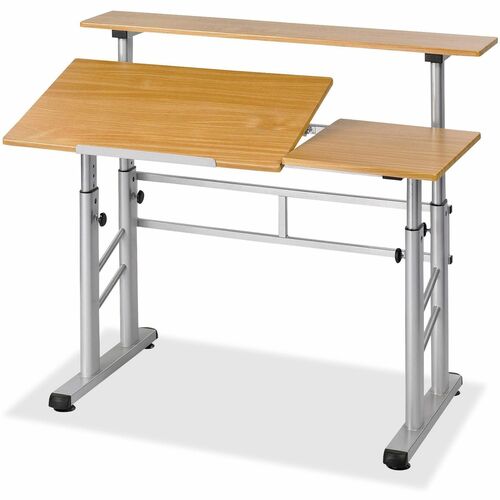 Safco Height-Adjustable Split Level Drafting Table - Rectangle Top - Adjustable Height - 26.50" to 37.25" Adjustment - Assembly Required - Medium Oak - Steel, Wood - 1 Each