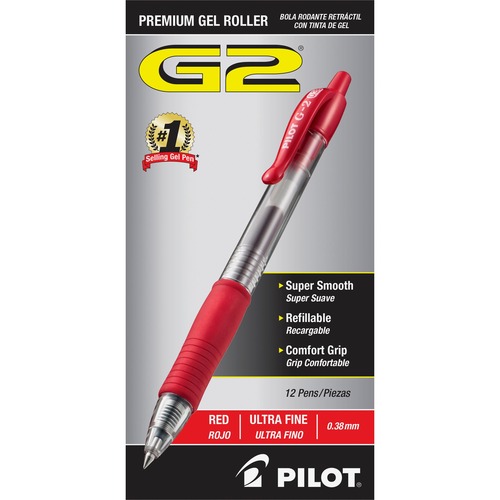 Pilot G2 Premium Gel Roller Retractable Pens - Ultra Fine Pen Point - 0.38 mm Pen Point Size - Refillable - Retractable - Red Gel-based Ink - Clear Barrel - 1 Dozen