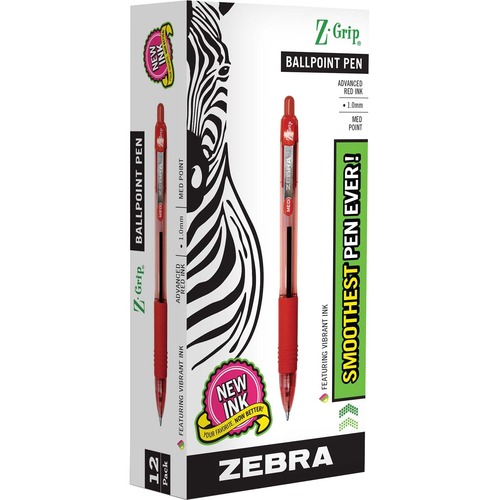 Zebra Pen Z-Grip Retractable Ballpoint Pens - Medium Pen Point - 1 mm Pen Point Size - Retractable - Red - Clear, Red Barrel - 1 / Dozen