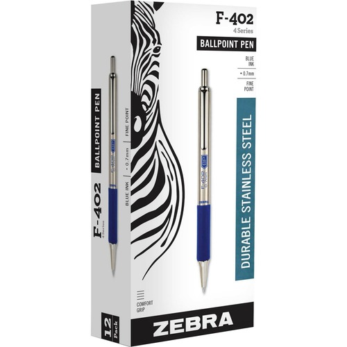 Zebra Pen F-402 Retractable Ballpoint Pen - Fine Point - 0.7 mm Pen Point Size - Refillable - Retractable - Blue - Stainless Steel Barrel - 1 / Each