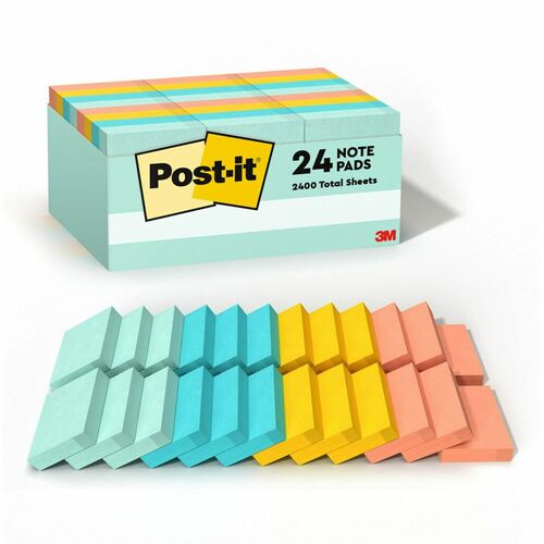 Post-it® Notes Value Pack - Beachside Café Color Collection - 2400 - 1 1/2" x 2" - Rectangle - Unruled - Fresh Mint, Aqua Splash, Sunnyside, Papaya Fizz - Paper - Self-adhesive, Repositionable - 24 / Pack