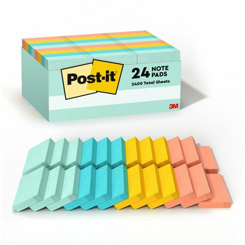 Post-it® Notes Value Pack - Beachside Café Color Collection - 2400 - 1 1/2" Flag/Note Width x 2" Flag/Note Length - Rectangle - Unruled - Fresh Mint, Aqua Splash, Sunnyside, Papaya Fizz - Paper - Self-adhesive, Repositionable - 24 / Pack