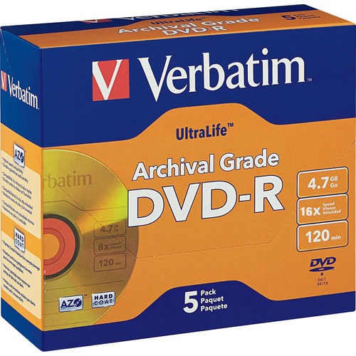 Verbatim DVD-R 4.7GB 16X UltraLife Gold Archival Grade with Branded Surface and Hard Coat - 5pk Jewel Case - 4.7GB - 5 Pack