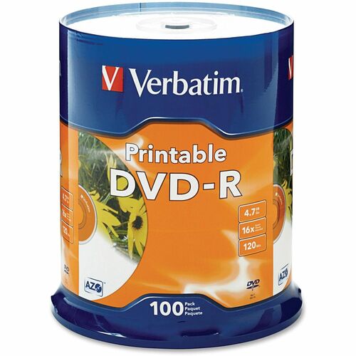 Verbatim DVD Recordable Media - DVD-R - 16x - 4.70 GB - 100 Pack - White - 120mm - Printable