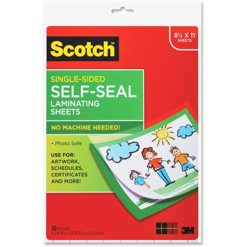 Scotch Self-Seal Laminating Pouches - Sheet Size Supported: Letter 8.50" Width x 11" Length x 9.6 mil Thickness - Laminating Pouch/Sheet Size: 9" Width x 12" Length x 6 mil Thickness - Glossy - for Document, Schedule, Presentation, Phone List, Certificate
