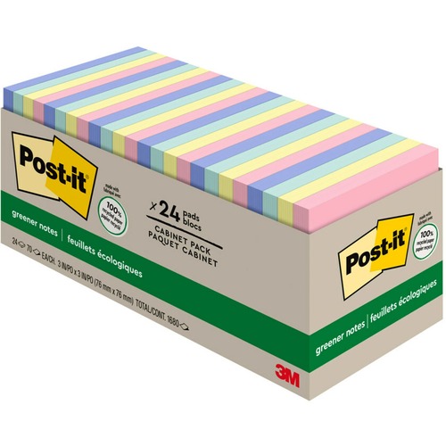 Post-it® Greener Notes Cabinet Pack - Helsinki Color Collection - 1800 x Assorted - 3" x 3" - Square - 75 Sheets per Pad - Unruled - Assorted - Paper - Repositionable, Self-adhesive - 24 / Pack