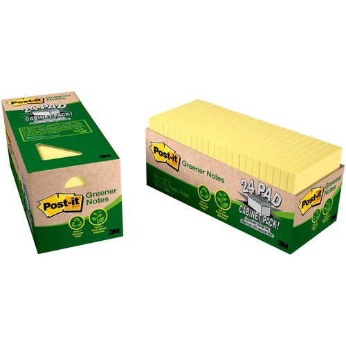 Post-it® Greener Notes Cabinet Pack - 1800 - 3" x 3" - Square - 75 Sheets per Pad - Unruled - Canary Yellow - Paper - Self-adhesive, Repositionable - 24 / Pack - Adhesive Note Pads - MMM654R24CPCY