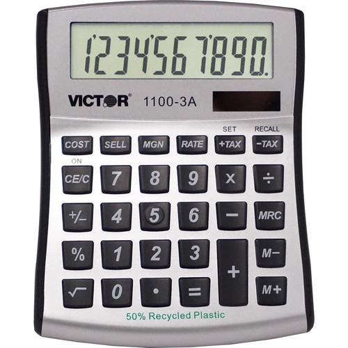 Victor 11003A Mini Desktop Calculator - Large Display, Angled Display, Dual Power, Independent Memory, Environmentally Friendly, Battery Backup - Battery/Solar Powered - Battery Included - 1.1" x 4.5" x 5" x 5" - White, Blue, Silver - Plastic - 1 Each