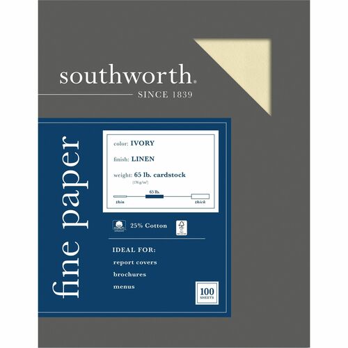 Southworth 25% Cotton Linen Business Cover Stock - Letter - 8 1/2" x 11" - 65 lb Basis Weight - Linen, Textured - 100 / Box - Acid-free, Lignin-free - Ivory