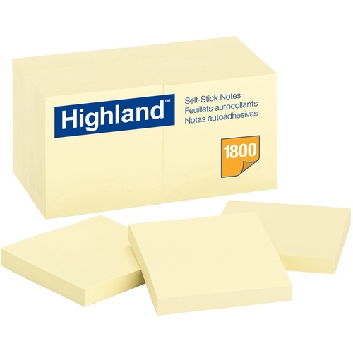 Highland Self-Sticking Notepads - 1800 - 3" x 3" - Square - 100 Sheets per Pad - Unruled - Yellow - Paper - Removable - 18 / Pack