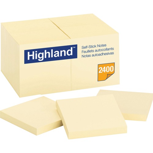 Highland Self-Sticking Notepads - 2400 - 3" x 3" - Square - 100 Sheets per Pad - Unruled - Yellow - Paper - Removable - 24 / Pack