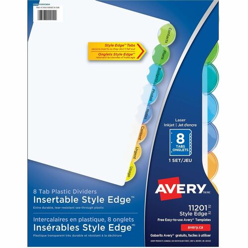 Avery® Style Edge Insertable Dividers - 8 x Divider(s) - 8 - 8 Tab(s)/Set - 8.50" Divider Width x 11" Divider Length - 3 Hole Punched - Translucent Plastic Divider - Multicolor Plastic Tab(s) - 8 / Set